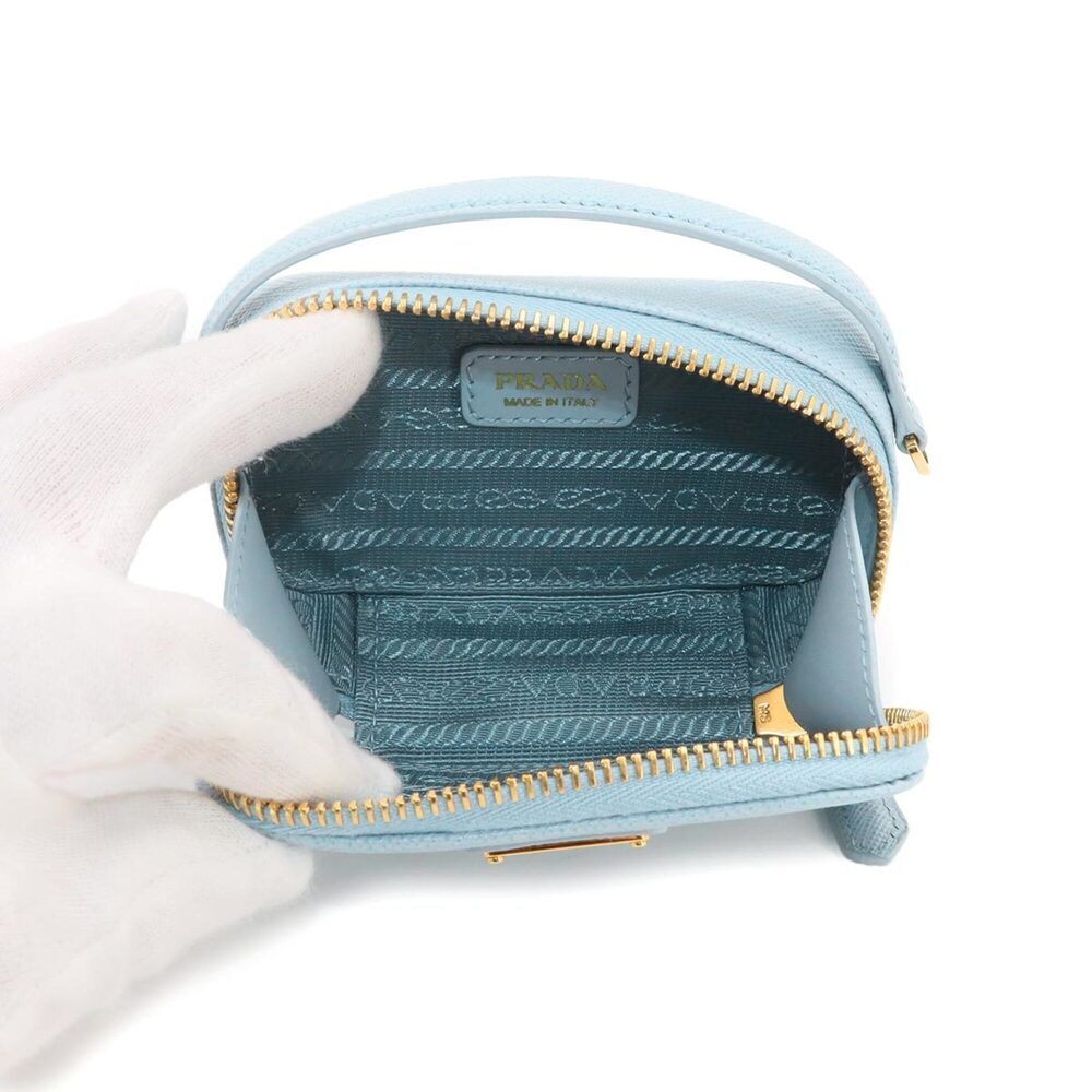 Prada Saffiano Triangle Mini Handbag Pouch Chain Shoulder Leather Light Blue ... - Picture 7 of 10